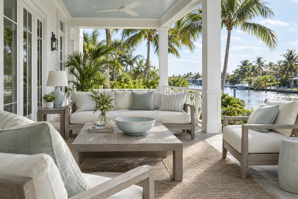 Illustrative Florida veranda overlooking a quiet canal